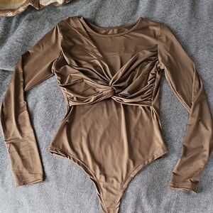 Elegant Brown Ruched Long Sleeve Bodysuit